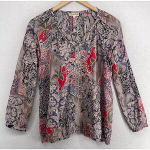 BHAGS BOHO Top Womens M L Printed Blouse Shirred V-Neck Long Sleeve Gray